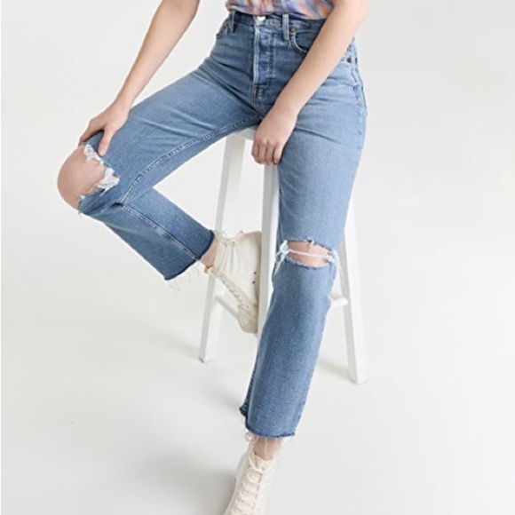 RE/DONE Jeans 70s Stove Pipe High-Rise Distressed Crop Destroyed Dawn 25 NWT - Picture 8 of 8